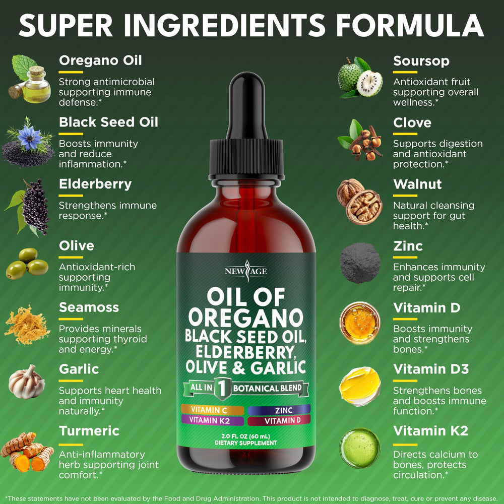 NEW AGE Oil of Oregano Drops dropper top for convenient use.