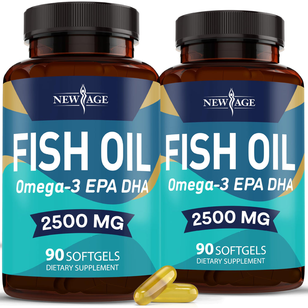 New Age Omega-3 2500mg bottle with burpless softgels for daily joint support.