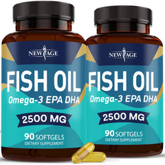 New Age Omega-3 2500mg bottle with burpless softgels for daily joint support.
