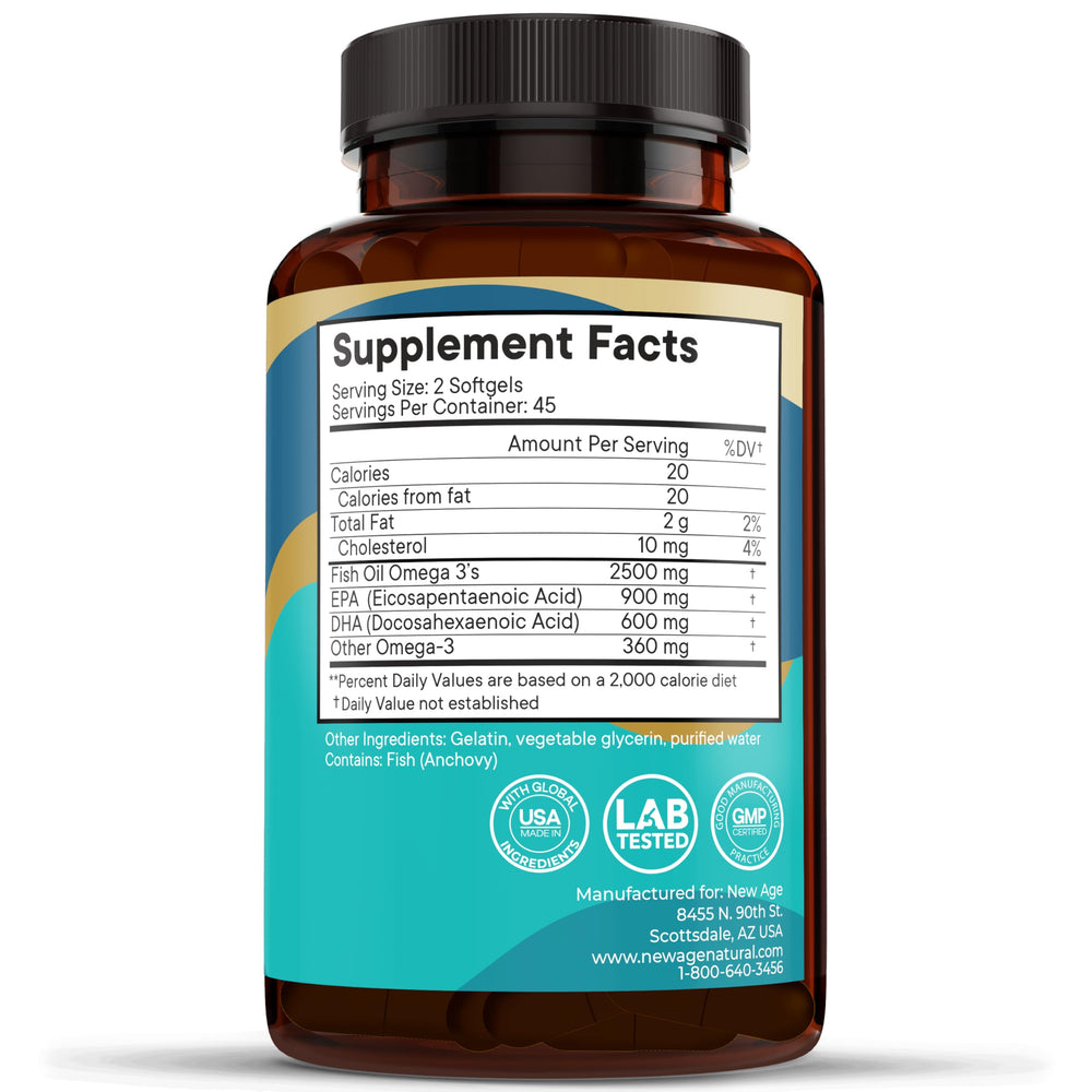 New Age Omega-3 softgels inside the bottle ready for daily use.