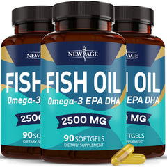 NEW AGE Omega-3 bottle and softgels for daily wellness