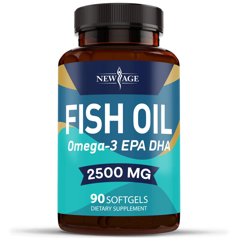 New Age Omega-3 bottle with lab-grade quality assurance.