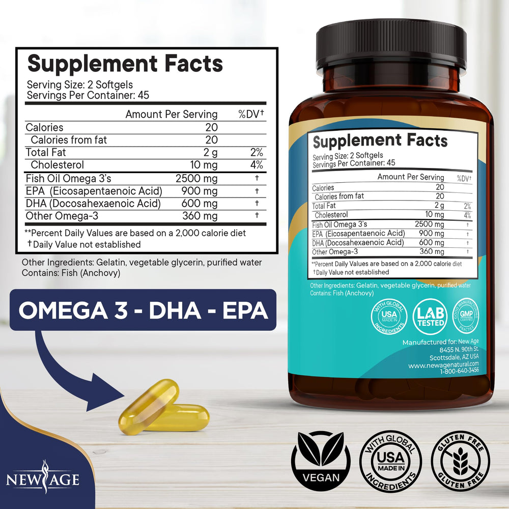 New Age Omega-3 softgels close-up showing clear gel capsules and purity.