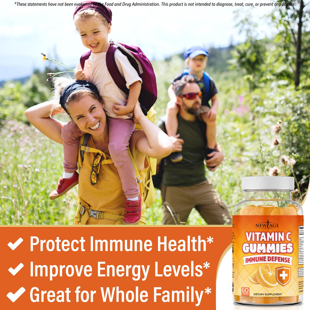 NEW AGE Vitamin C Gummies on plate showing bright orange aroma and taste.