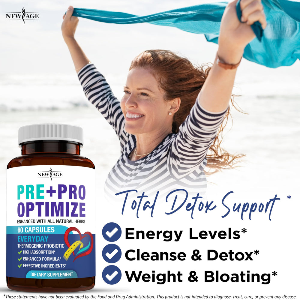 New Age Pro Optimize label shows 70B CFU and two capsules per serving