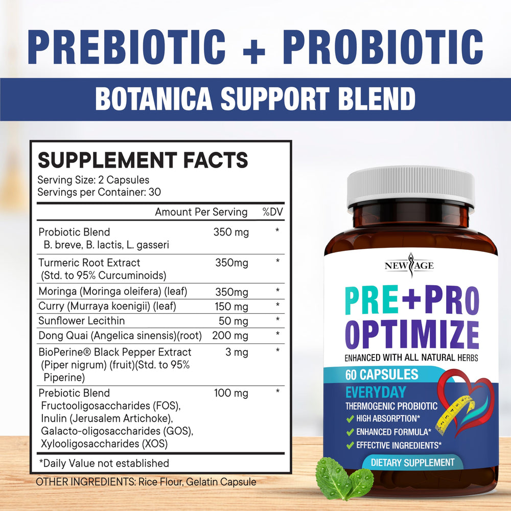 NEW AGE probiotic ingredients with turmeric and curry leaves bottle for digestive comfort.