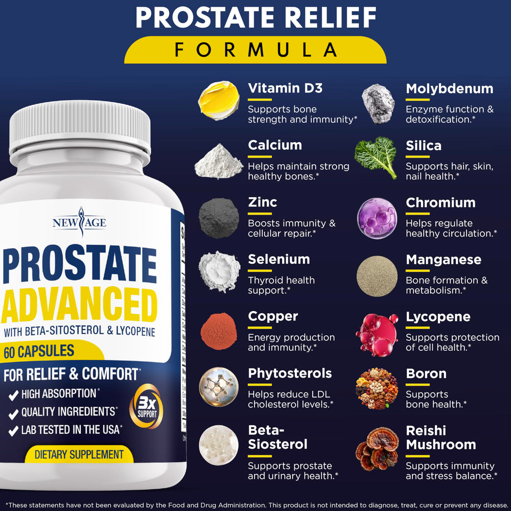 NEW AGE Prostate Advanced label closeup highlights lycopene and beta-sitosterol