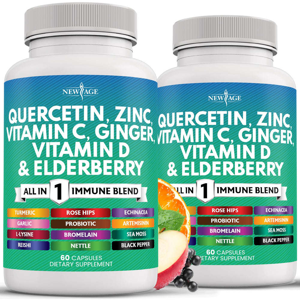 NEW AGE quercetin zinc bottle front shows an all-in-one immune support blend