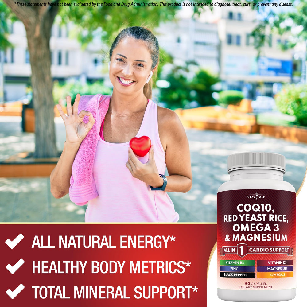 New Age Red Yeast Rice capsules presented for a balanced nutrient blend.