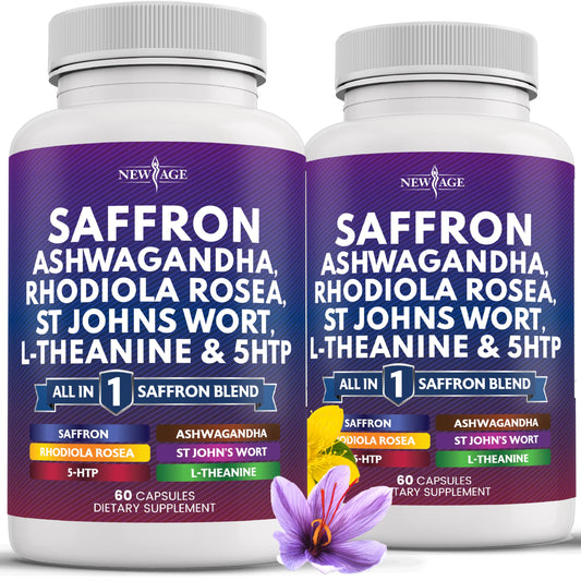 NEW AGE saffron supplement bottle close-up highlighting premium quality