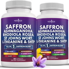 NEW AGE saffron supplement bottle close-up highlighting premium quality