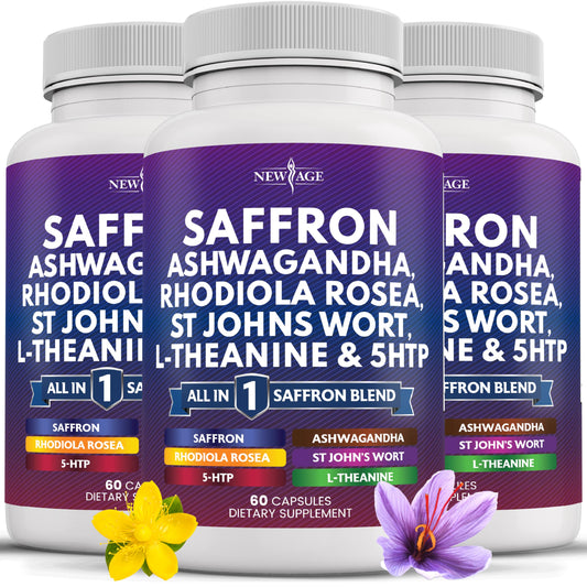 NEW AGE Saffron Supplements bottle with capsules for daily stress support