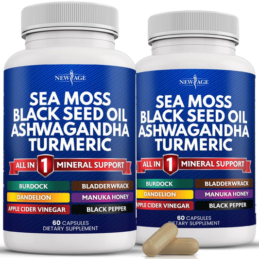 NEW AGE Sea Moss Capsules bottle for convenient daily wellness.