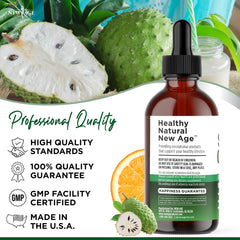 New Age Soursop Drops glass with drops suggests easy daily use.