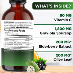 NEW AGE Soursop Drops bottle and ingredients highlight soursop fruit and elderberry