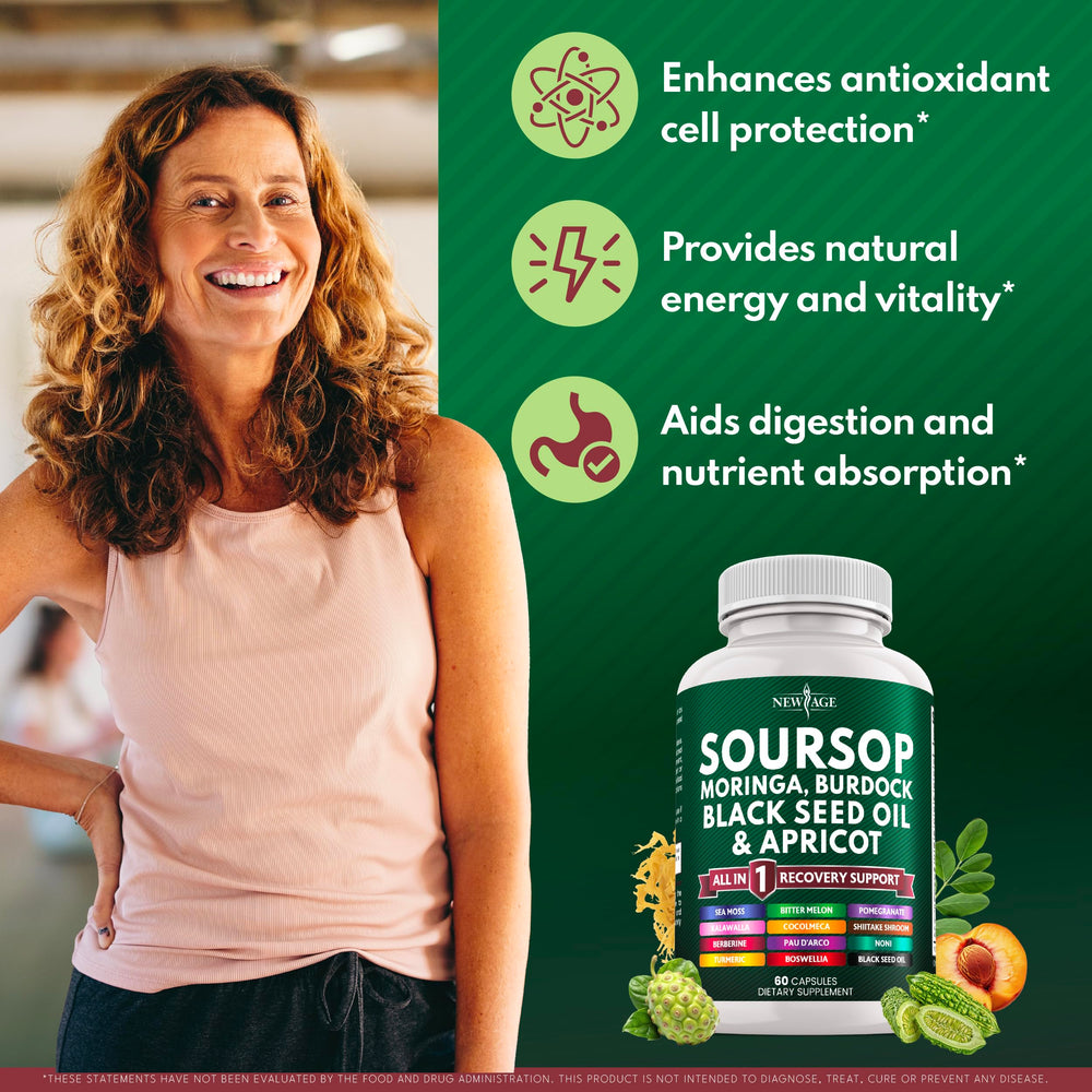 NEW AGE Soursop Sea Moss blend image highlights sea greens for holistic support.