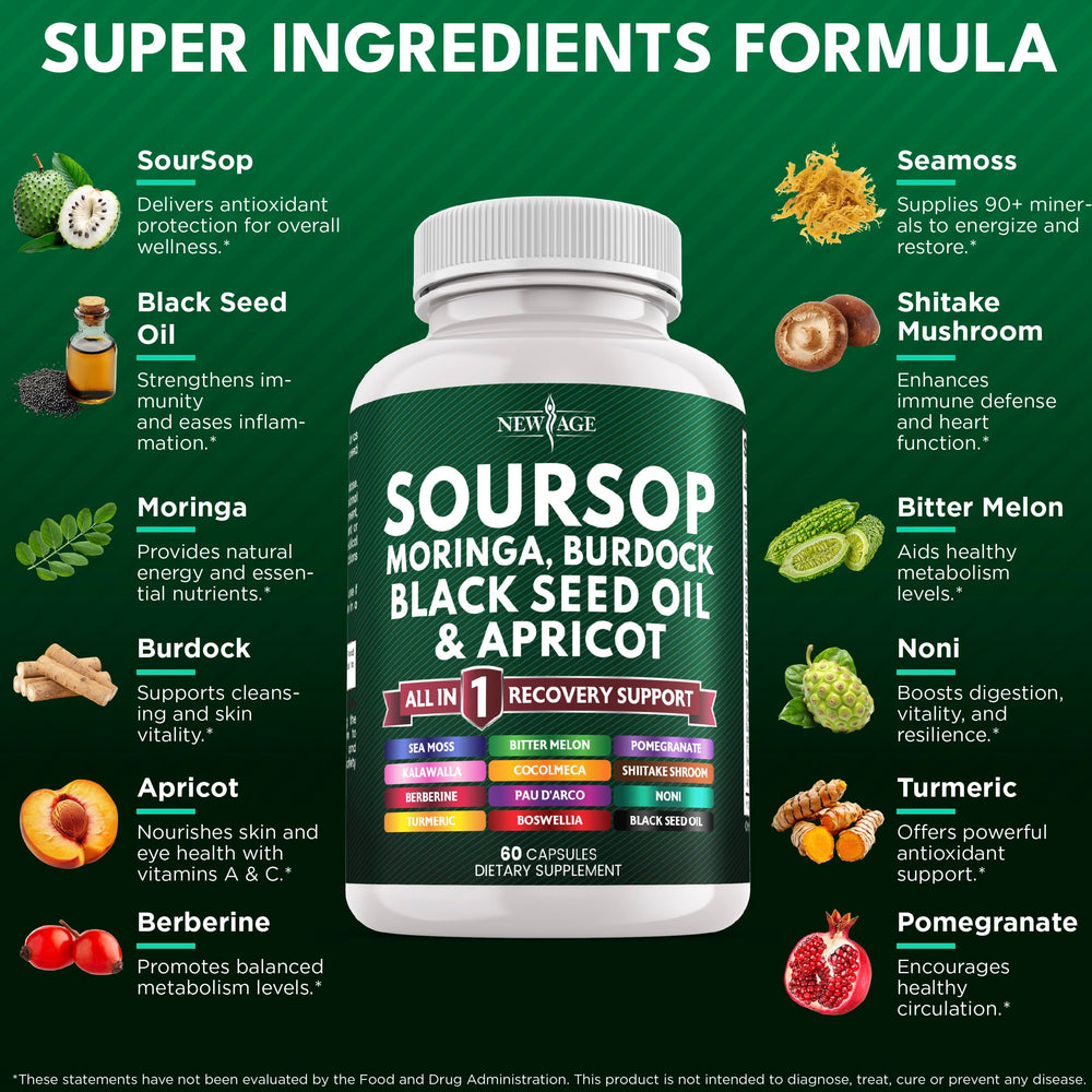 NEW AGE Soursop Supplement capsules closeup for easy daily use.
