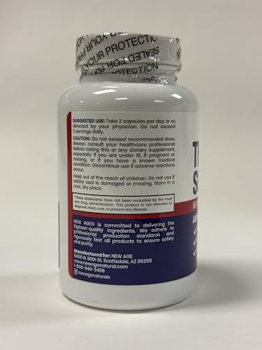 NEW AGE thyroid supplement packaging featuring Non-GMO vegetarian formulation.