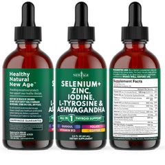 NEW AGE Thyroid Support Drops ingredients panel showcases zinc iodine ashwagandha.
