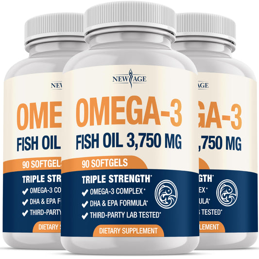 NEW AGE triple strength omega-3 bottle with burpless softgels for smooth intake