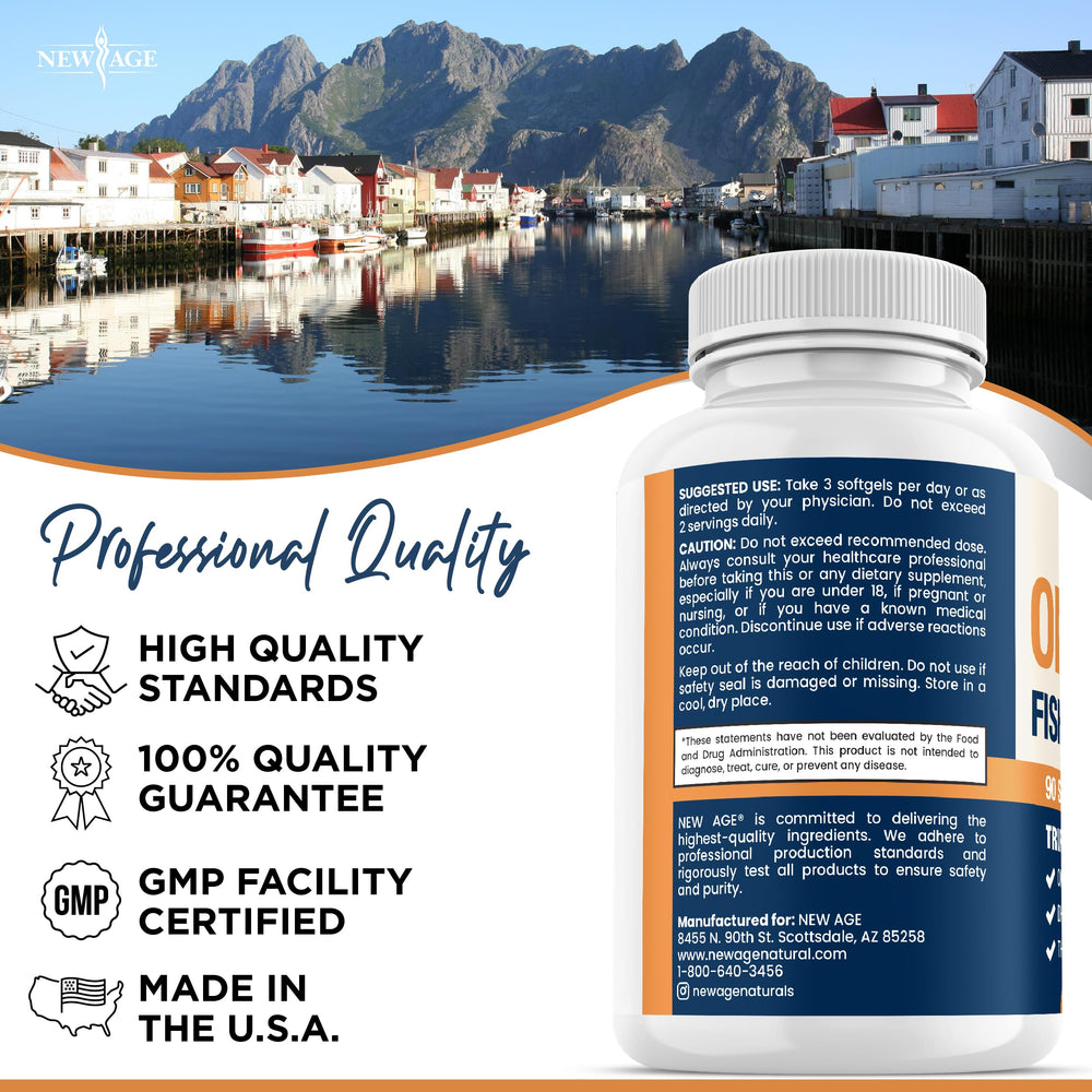 New Age Omega-3 capsules arranged in the bottle for daily use.