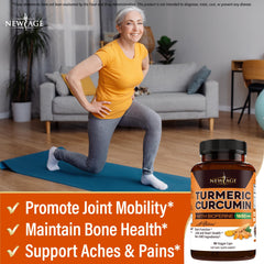 NEW AGE Turmeric capsules bottle closeup showing label and dosage convenience