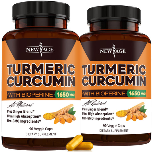 NEW AGE Turmeric capsules bottle front highlighting standardized curcuminoids for daily support