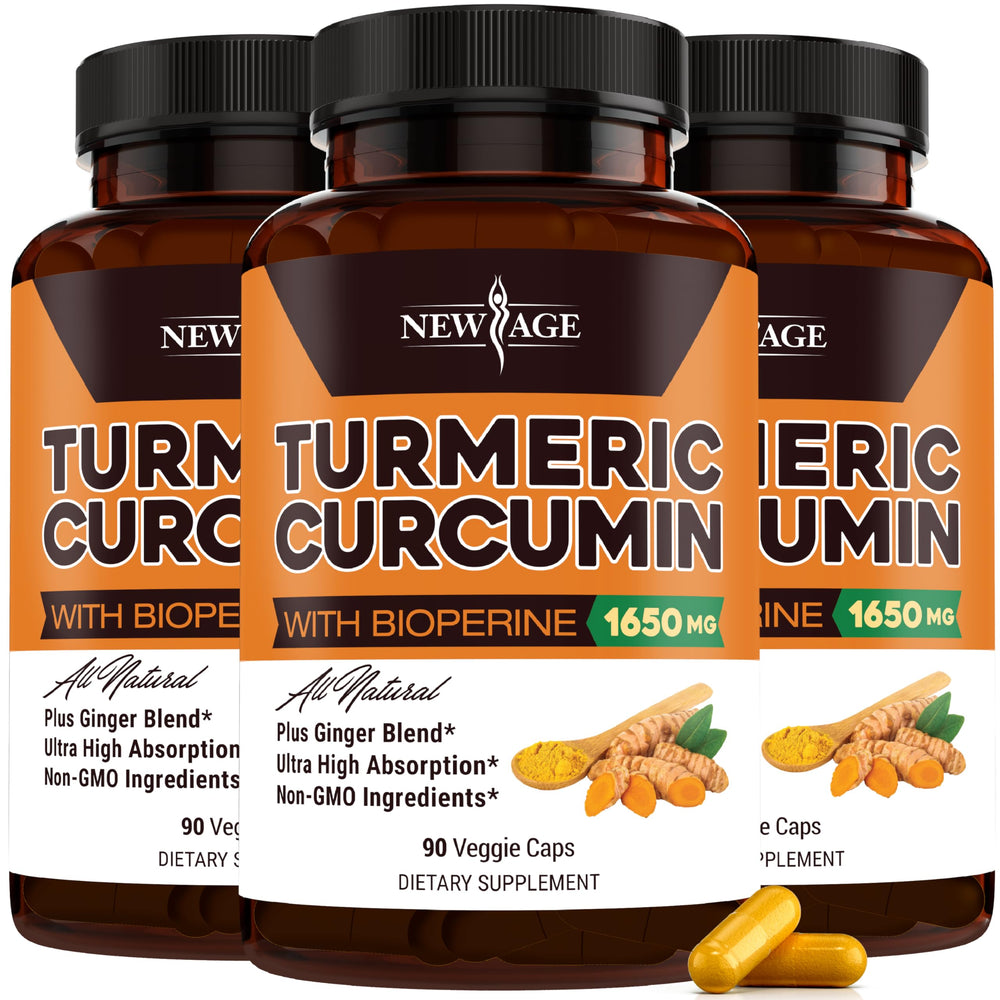 NEW AGE Turmeric Curcumin bottle front with clear label for easy shopping