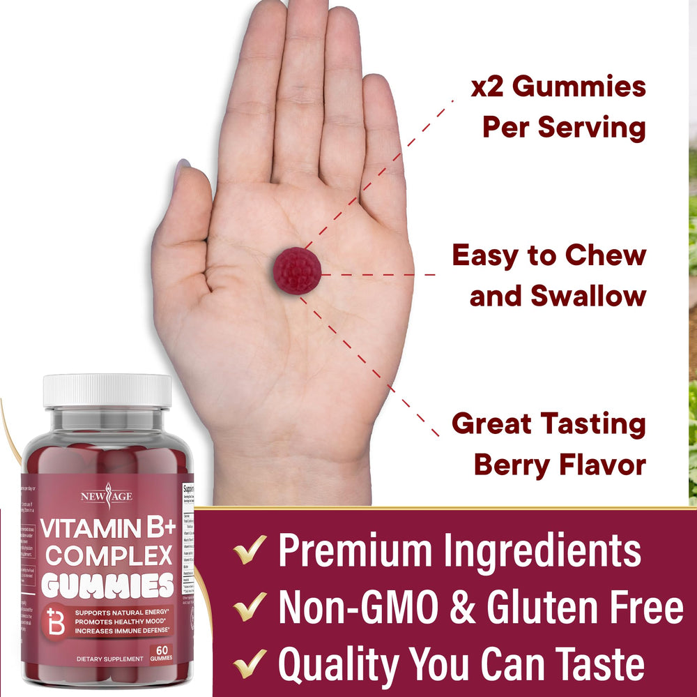 New Age Vitamin B Complex Gummies packaging emphasizes gluten-free and vegan formula