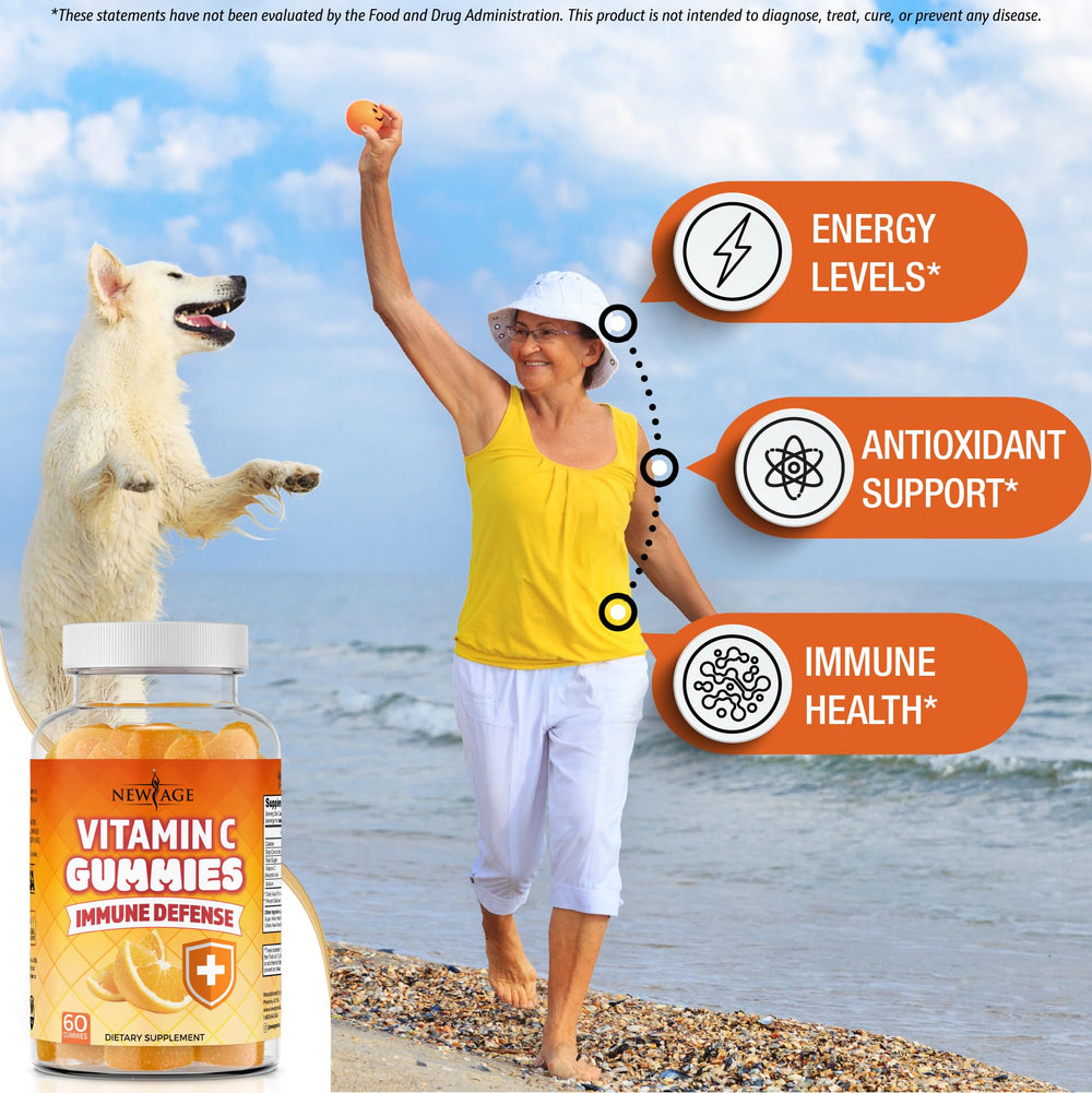NEW AGE Vitamin C Gummies closeup highlights chewy texture for easy consumption.