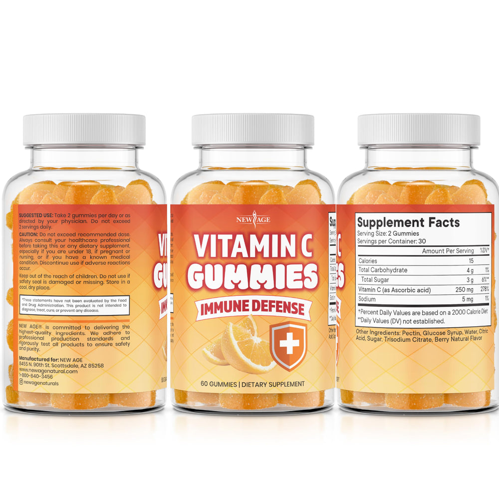 NEW AGE Vitamin C Gummies pack on shelf in clean display for easy shopping.