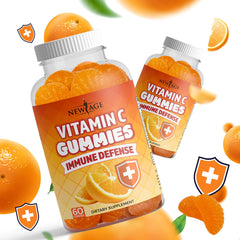 NEW AGE Vitamin C Gummies vegetarian and gluten-free badge closeup.