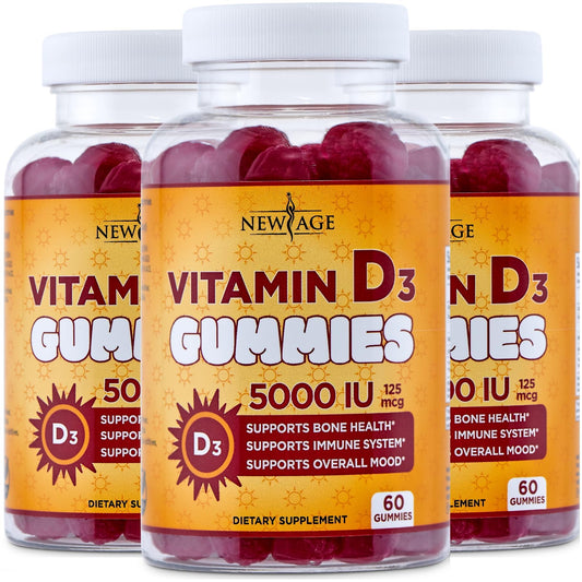 New Age Vitamin D3 gummies bottle front showing non-GMO and gluten-free formula
