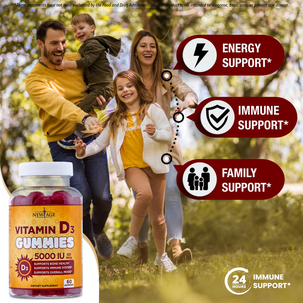 New Age Vitamin D3 gummies label closeup highlighting ingredients and claims
