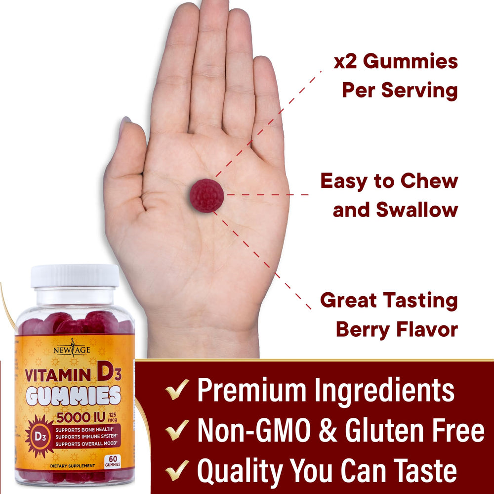 New Age Vitamin D3 gummies pack of 3 bottles displayed on countertop