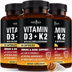 NEW AGE Vitamin D3 K2 bottle showing 2-in-1 bone and immune support.