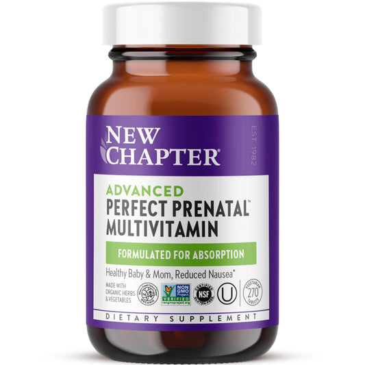 New Chapter Advanced Perfect Prenatal tablets in bottle, offering gentle daily prenatal nutrition.