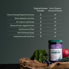 New Chapter All-Flora Digestive Super Greens label marks vegan and organic certifications.