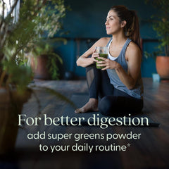 New Chapter All-Flora Digestive Super Greens pour demonstrates easy on-the-go mixing.