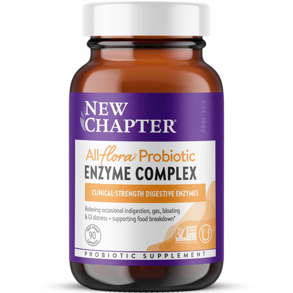 New Chapter All-Flora Enzyme Complex bottle pouring for mealtime digestion support