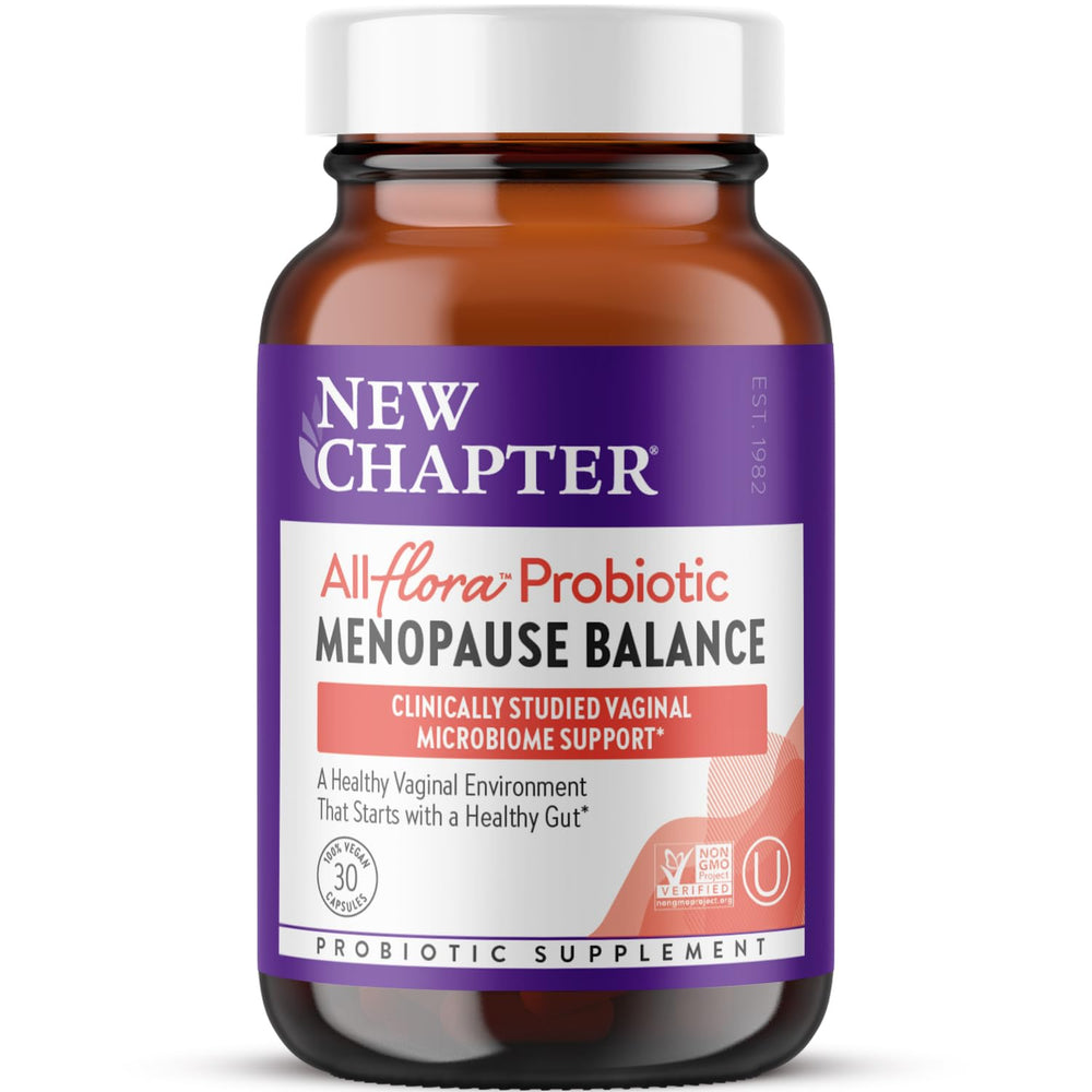 New Chapter All-Flora Probiotic Menopause Balance bottle supports vaginal microbiome health.
