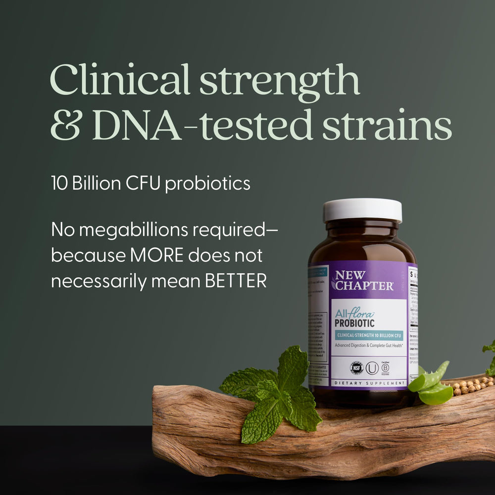 New Chapter All-Flora probiotic bottle with travel-pack shows on-the-go digestive support.