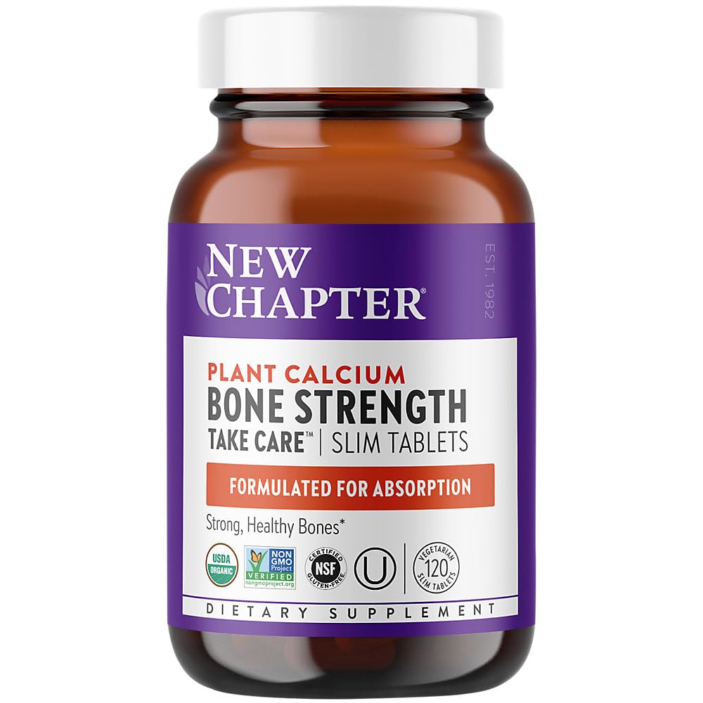New Chapter Bone Strength bottle front shows organic calcium for bone support