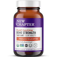 New Chapter calcium bottle front view promoting bone strength with plant-based formula.