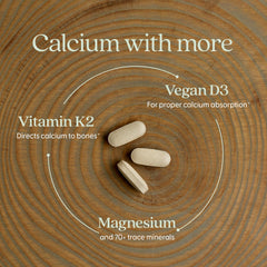 New Chapter calcium with D3 and K2 close-up illustrating guided calcium to bones.
