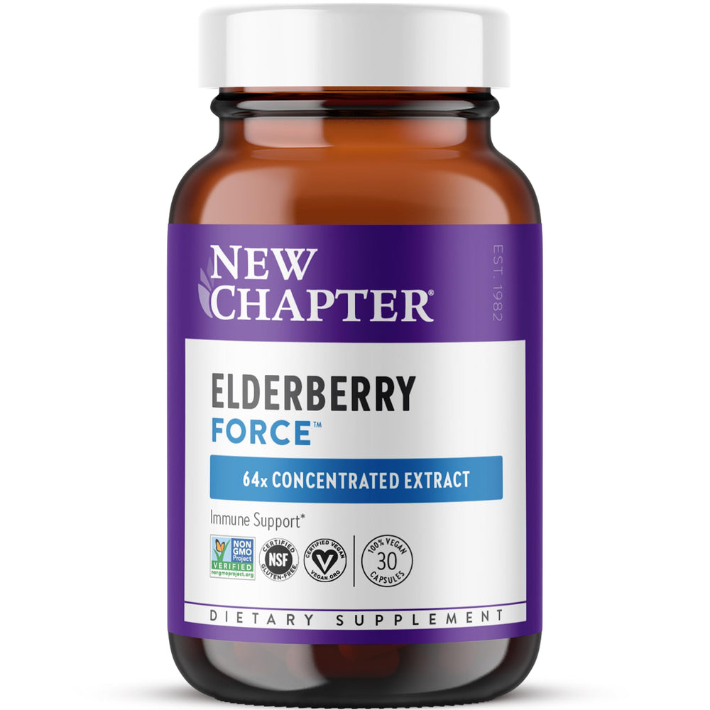 New Chapter Vegan Elderberry Capsules bottle showing label, suggesting year-round immune support.