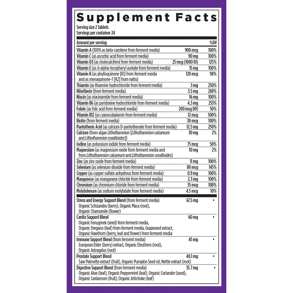 New Chapter Every Man label close-up emphasizing fermented whole-food nutrients