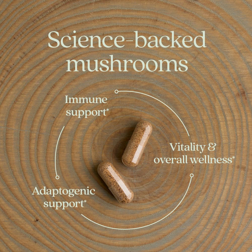 New Chapter Full-spectrum mushrooms image communicates beta-glucans for immune-supportive potential.