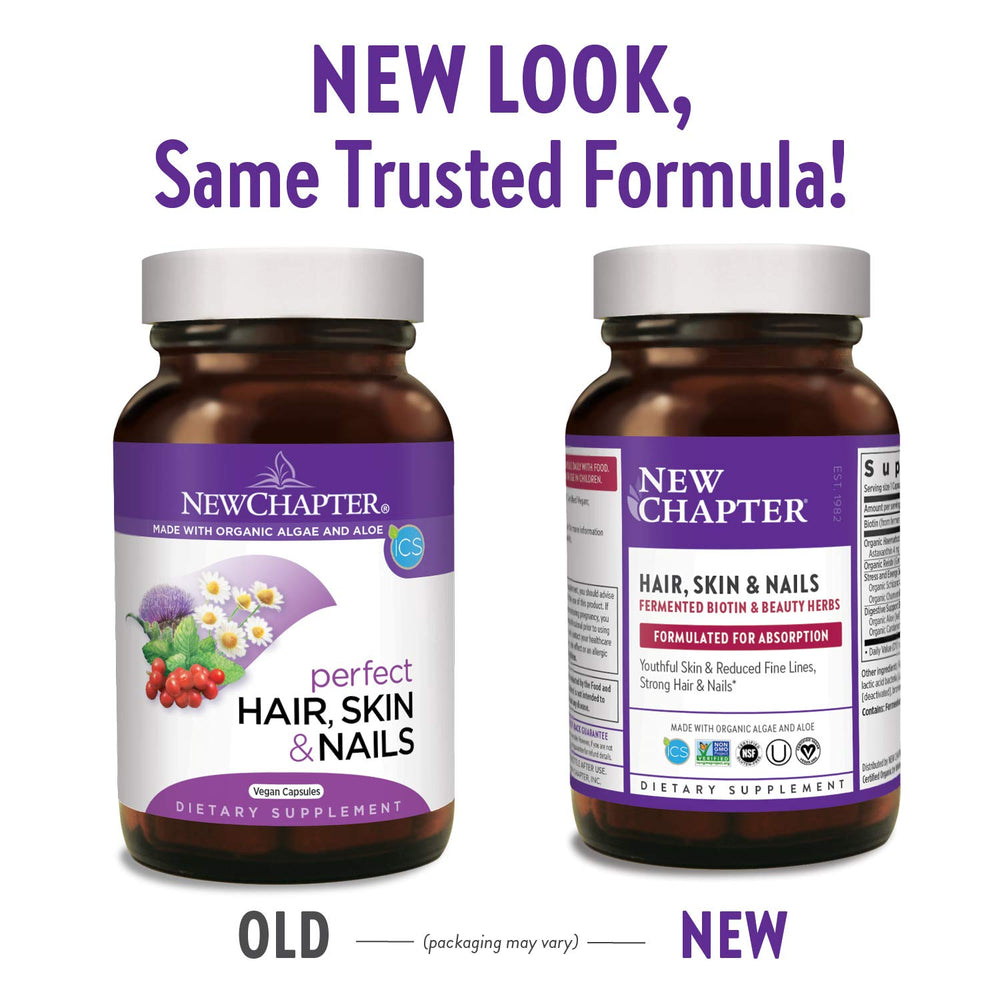 New Chapter Hair Skin Nails label close-up highlighting vegan, non-GMO branding