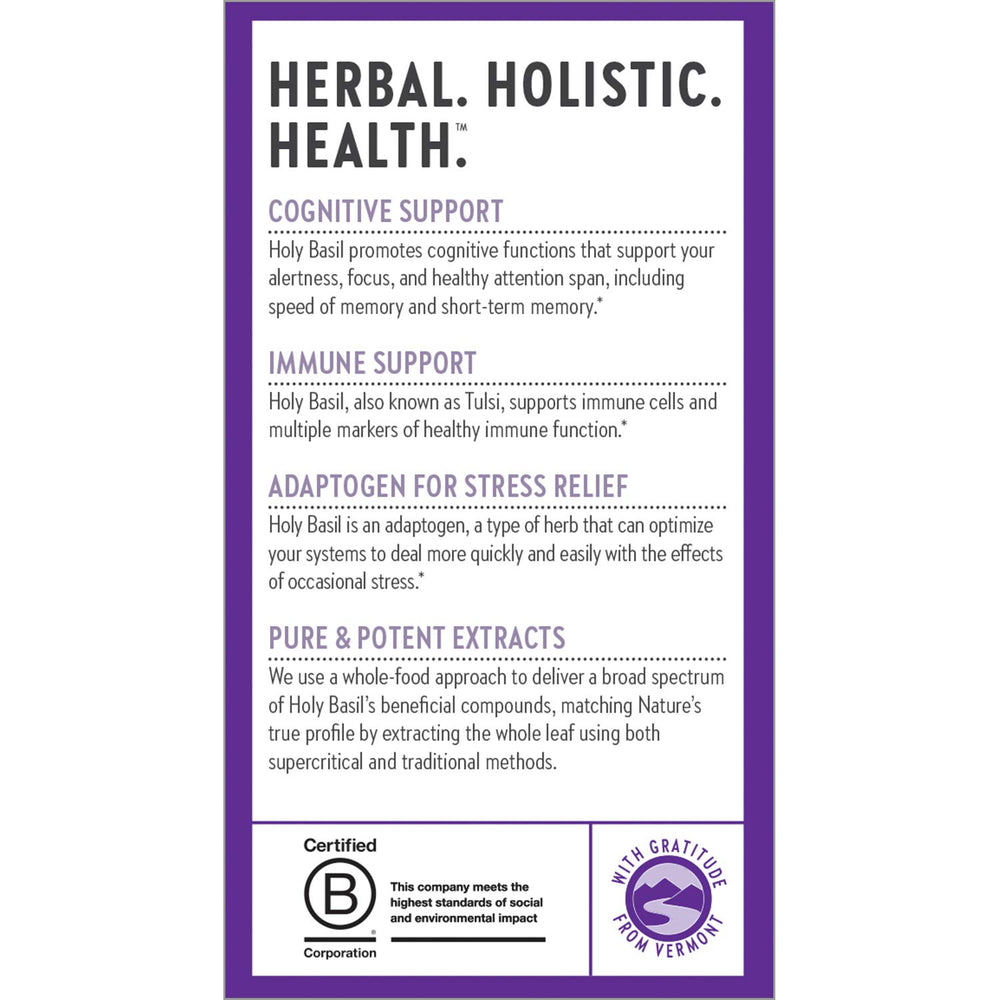 New Chapter Holy Basil Force seal confirms vegetarian and non-GMO ingredients.
